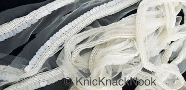 White Net Lace With White Sequins and Beads, Exclusive Laces, Sequinned Trimming